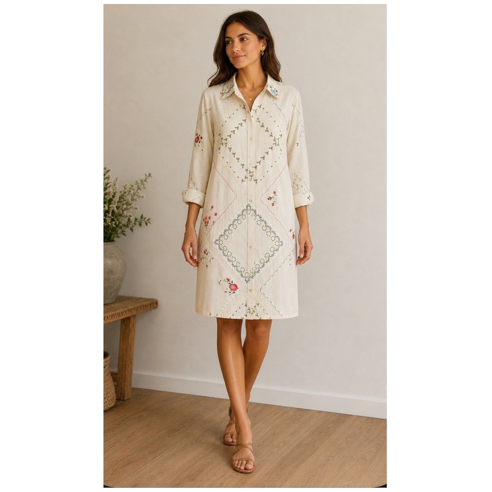 Tory Burch Silk Patchwork Floral Shirt Dress Cream Ivory Size 2 Cottage